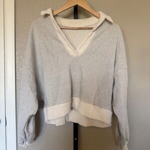 By Together Striped Collar Pullover Sweatshirt Cream Black Womens Size S